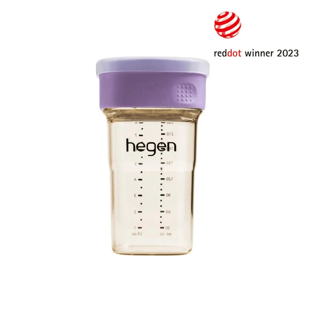 HEGEN Hegen PCTO All-Rounder Cup PPSU 240 ml with purple lid, showing measurement marks for toddlers (12M+)