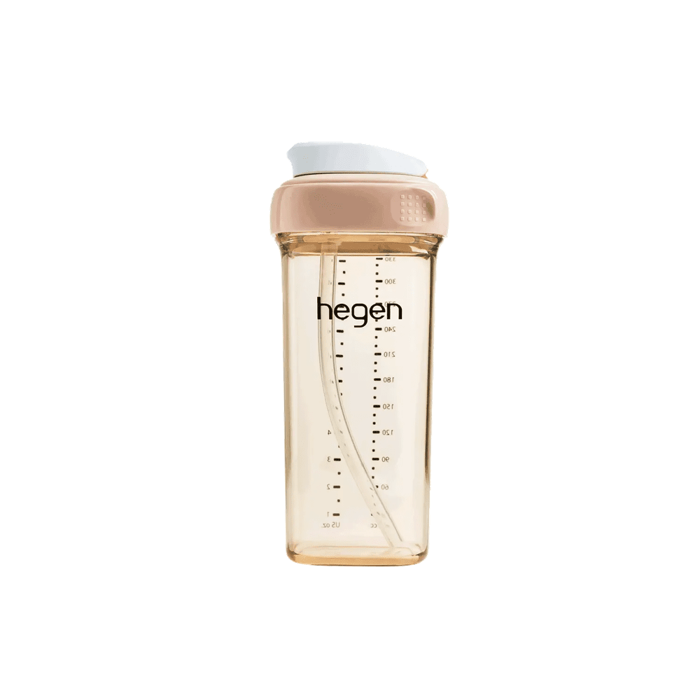 Hegen PCTO 330 ml/11 oz straw cup with peach lid and clear body, ideal for growing toddlers.