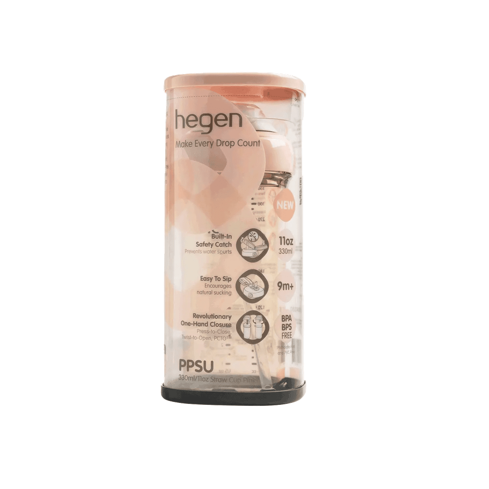 HEGEN PCTO 330 ml Straw Cup in pink, BPA-free with built-in safety catch demonstrated on the packaging.