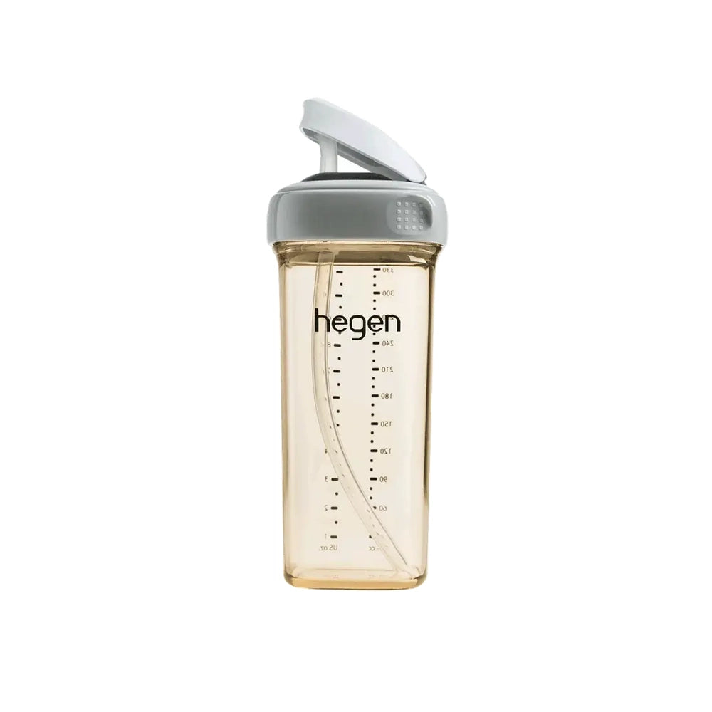 Hegen PCTO 330 ml/11 oz Straw Cup with clear body and grey flip-top lid, straw clearly visible.