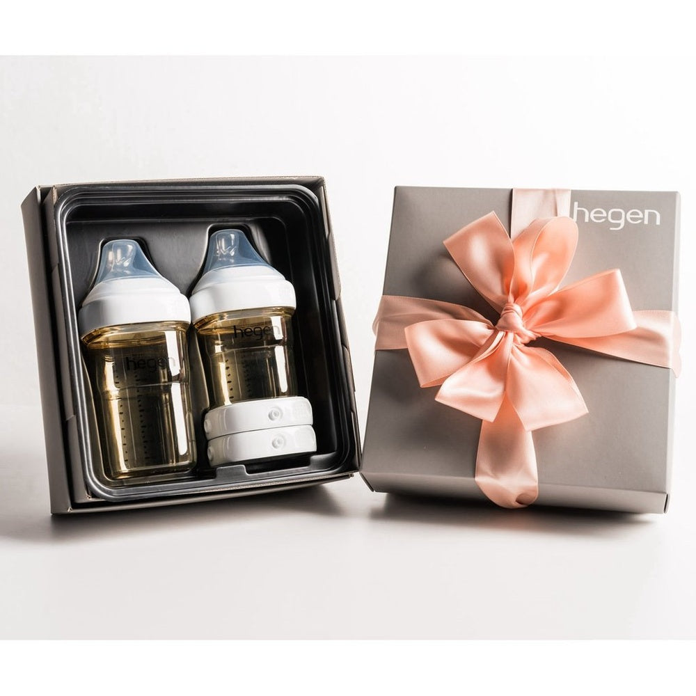 Hegen PCTO Basic Starter Kit PPSU baby bottles, 2-pack in gray gift box with pink ribbon
