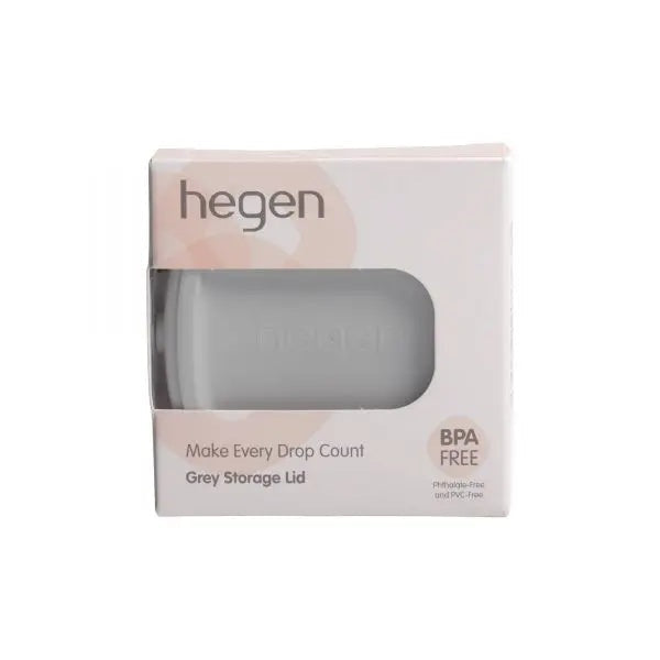 Hegen PCTO Breast Milk Storage Lid in grey, 1 pack, BPA-free, shown inside its pink box with a clear window.