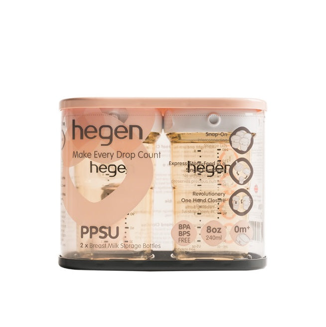 Hegen PCTO PPSU breast milk storage bottles, 240 ml (8 oz), 2-pack with pink-lid case