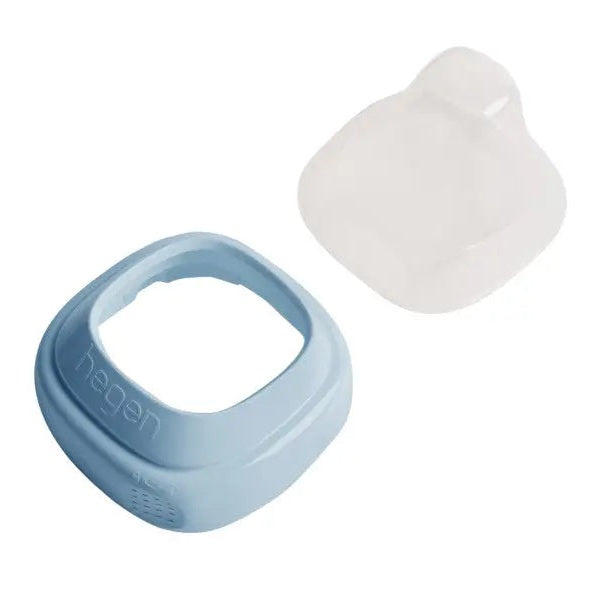 Hegen PCTO Collar and Transparent Cover in blue, shown with the clear cap for bottle feeding.