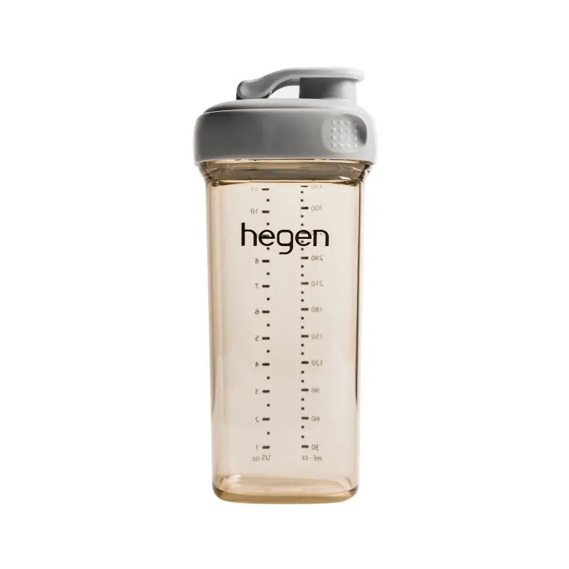 Hegen PCTO Drinking Bottle PPSU 330 ml in clear bottle with grey lid, displaying measurement marks