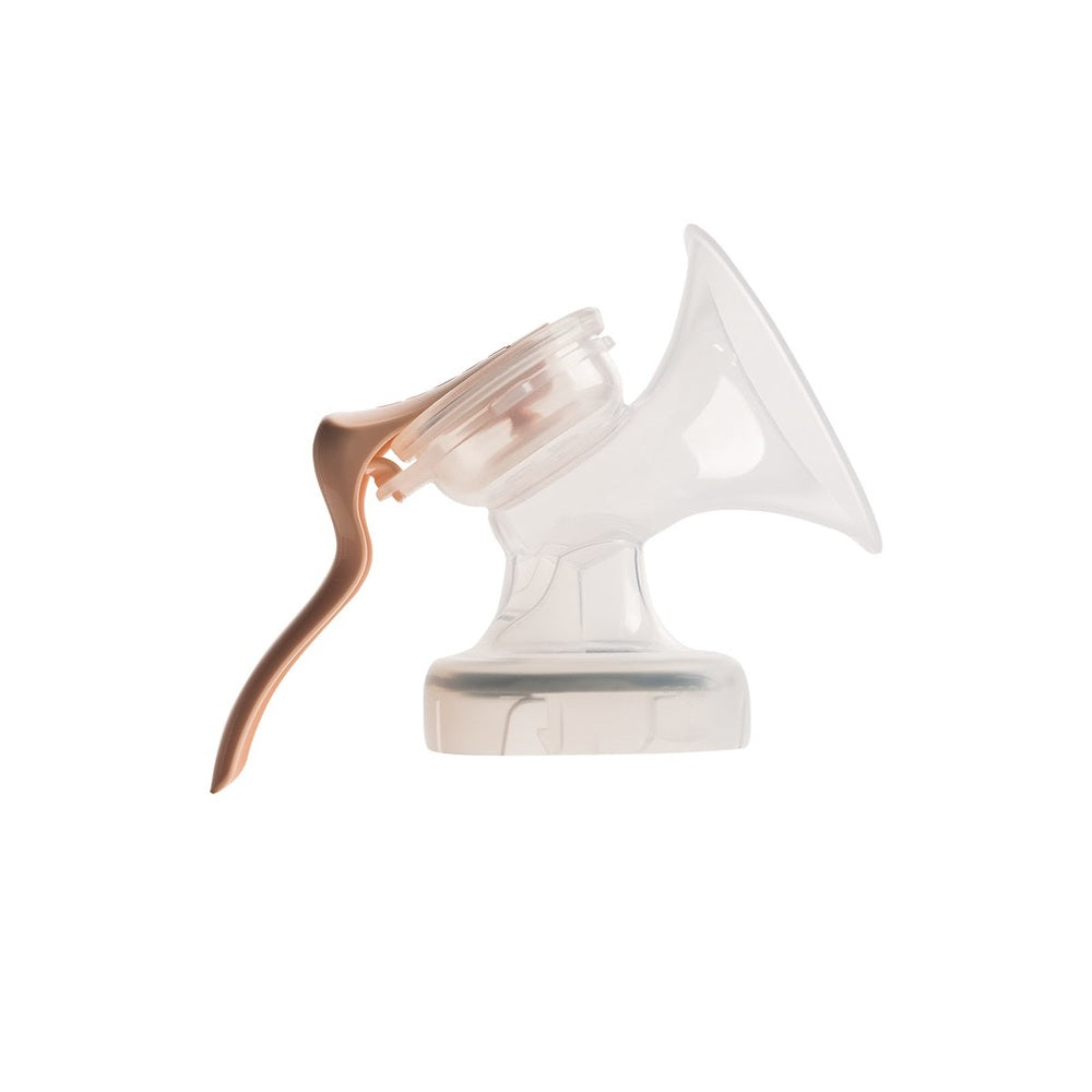 Hegen PCTO manual breast pump module with clear flange and peach handle.
