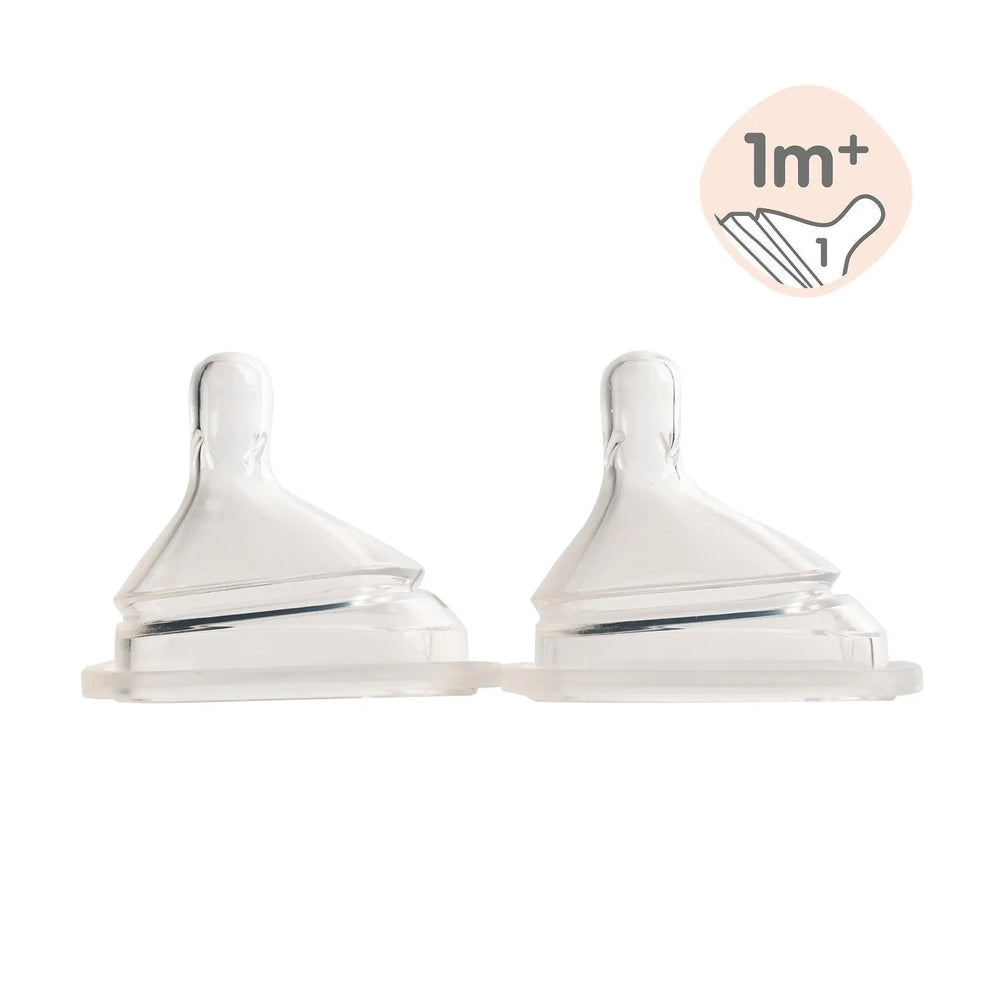 HEGEN Teat 2 Pack, clear silicone baby bottle nipples, shown side by side for convenient feeding