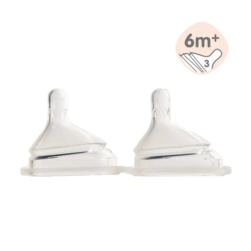 HEGEN Teat 2-pack silicone baby bottle nipples, transparent, for 6m+ babies, shown side-by-side.