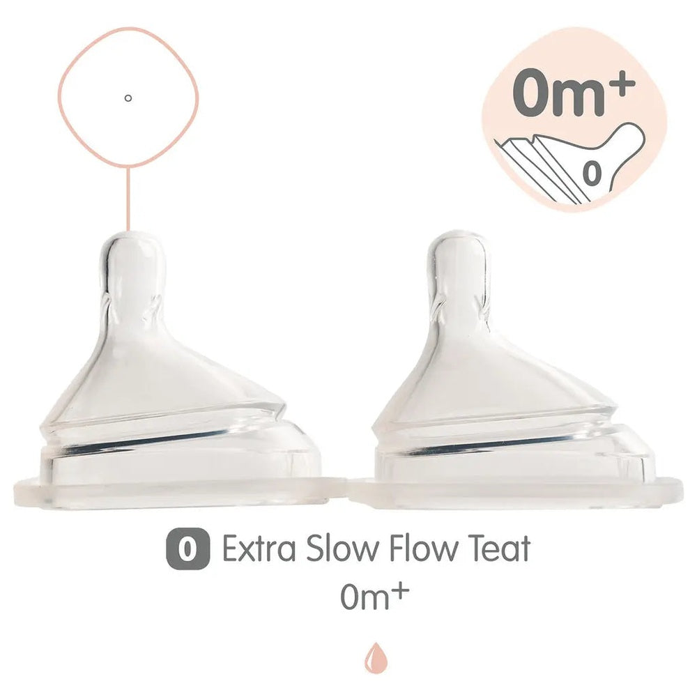 HEGEN Teat 2 Pack extra slow flow nipples for 0m+ babies, two transparent nipples displayed on a white tray.