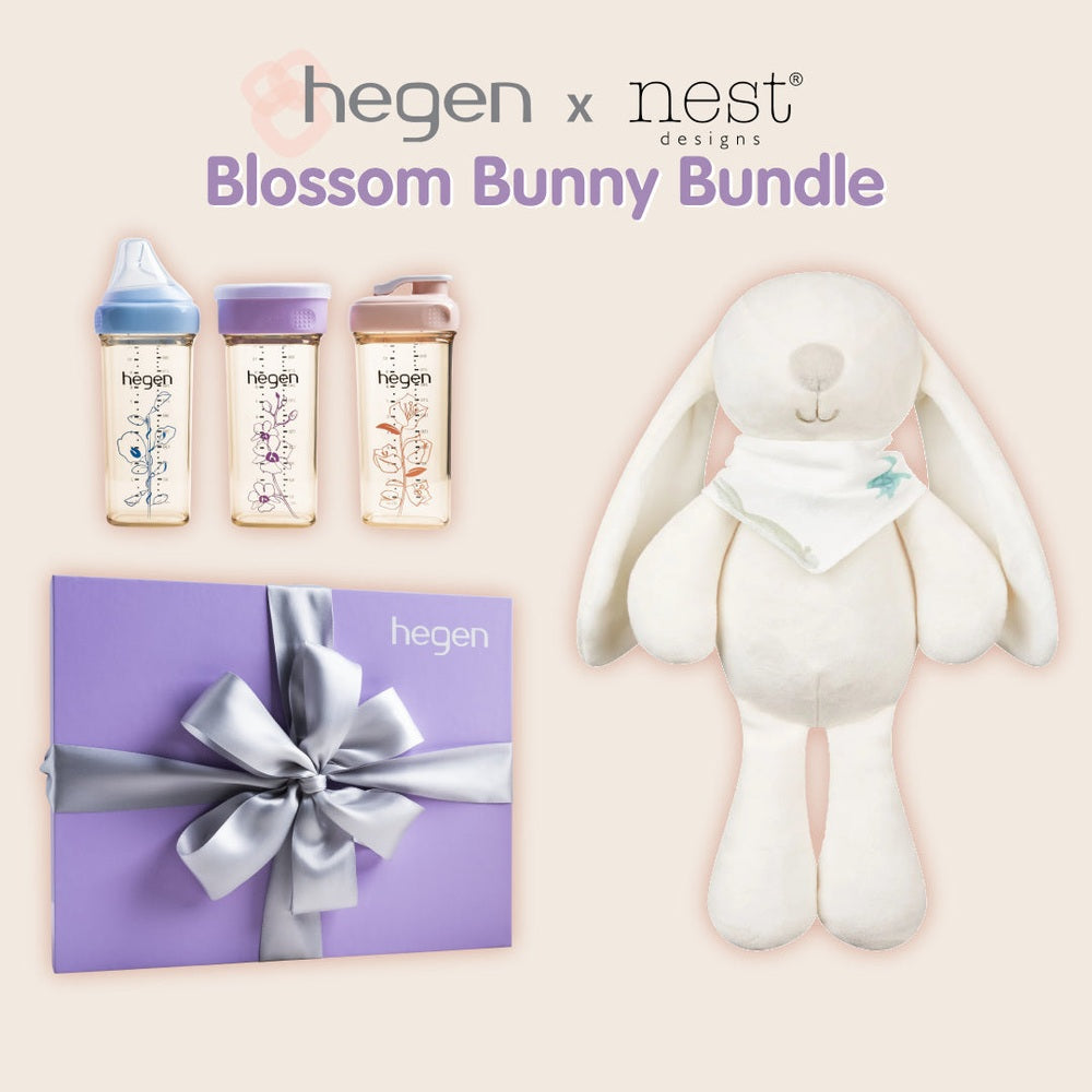 Hegen Blossom Bunny Bundle: 3 baby bottles with colored lids, a plush bunny, and a purple gift box