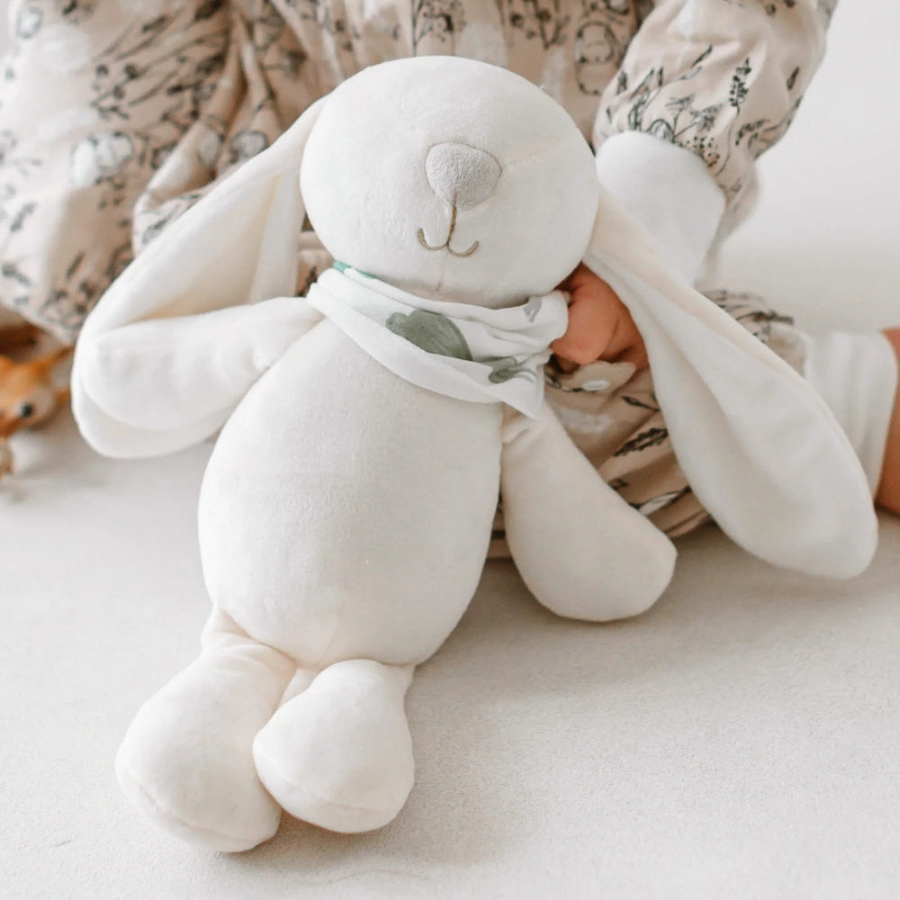 Hegen Blossom Bunny plush, white stuffed bunny with a soft scarf by Nest Designs