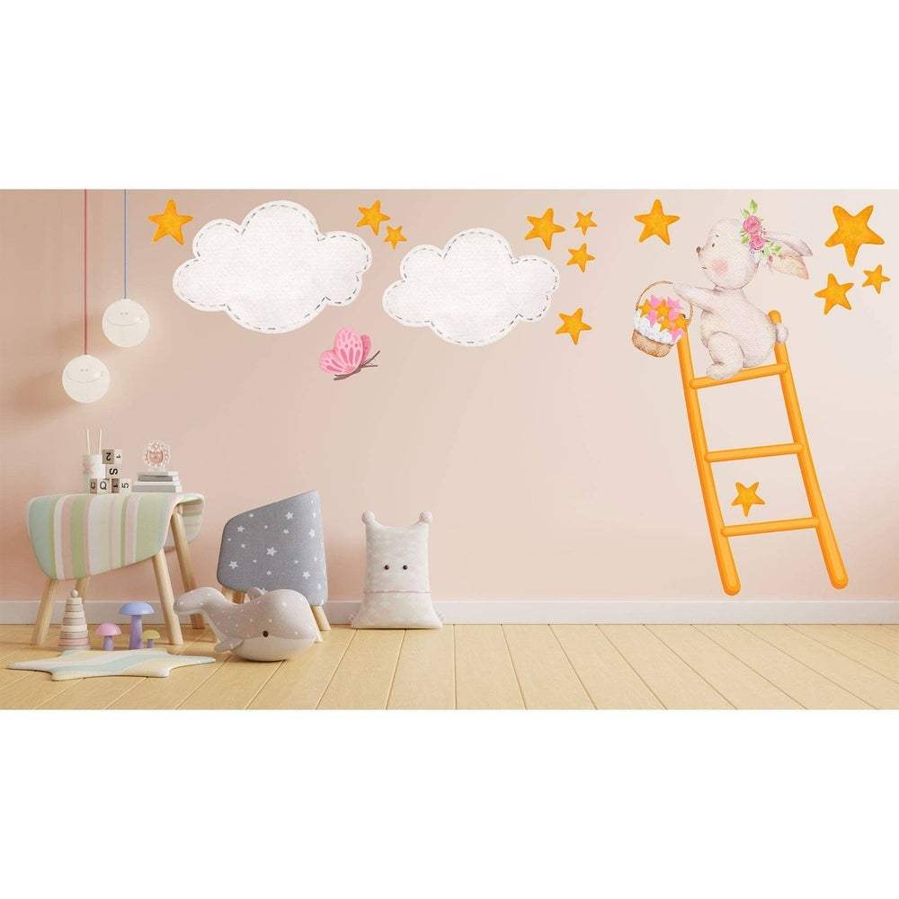 Hello Beautiful Designs Bunny climbing ladder wall sticker with orange ladder, stars, and pink butterfly for nursery decor