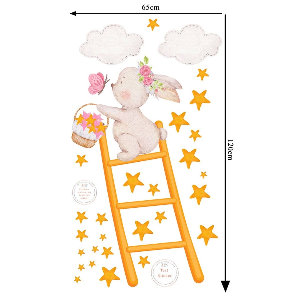 Hello Beautiful Designs bunny wall sticker on orange ladder collecting yellow stars with pink butterfly and clouds