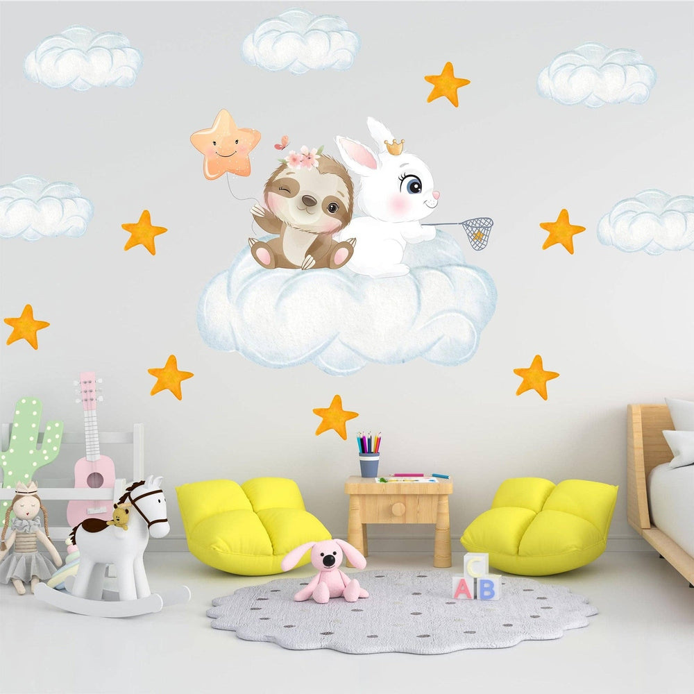 Hello Beautiful Designs Bunny Friends On Cloud Fishing For Stars And Moon Nursery Wall Sticker Set