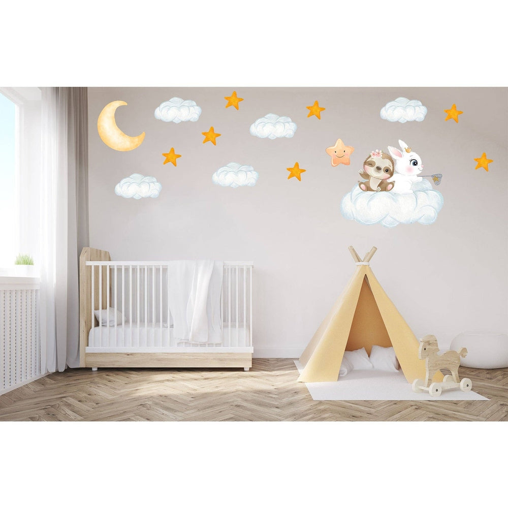 Hello Beautiful Designs Bunny Friends On Cloud Fishing For Stars And Moon Nursery Wall Sticker Set
