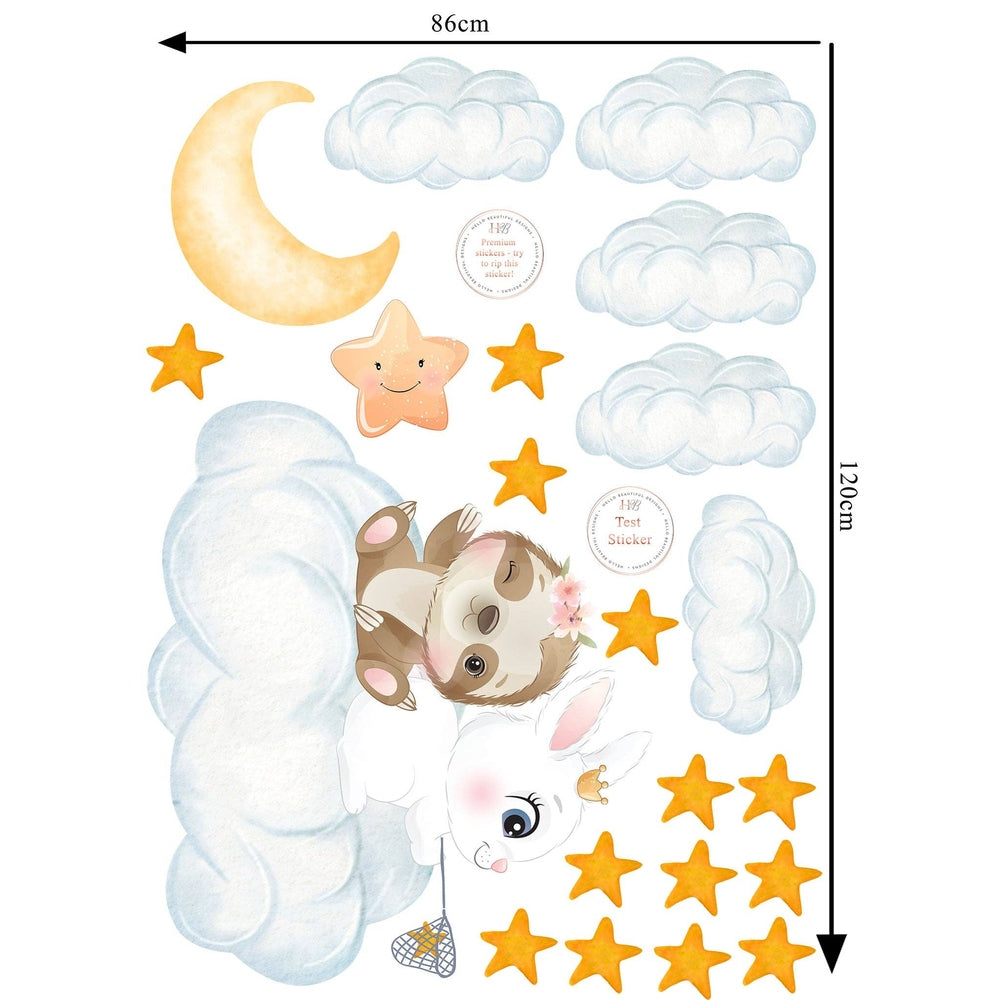 Hello Beautiful Designs Bunny Friends On Cloud Fishing For Stars And Moon Nursery Wall Sticker Set