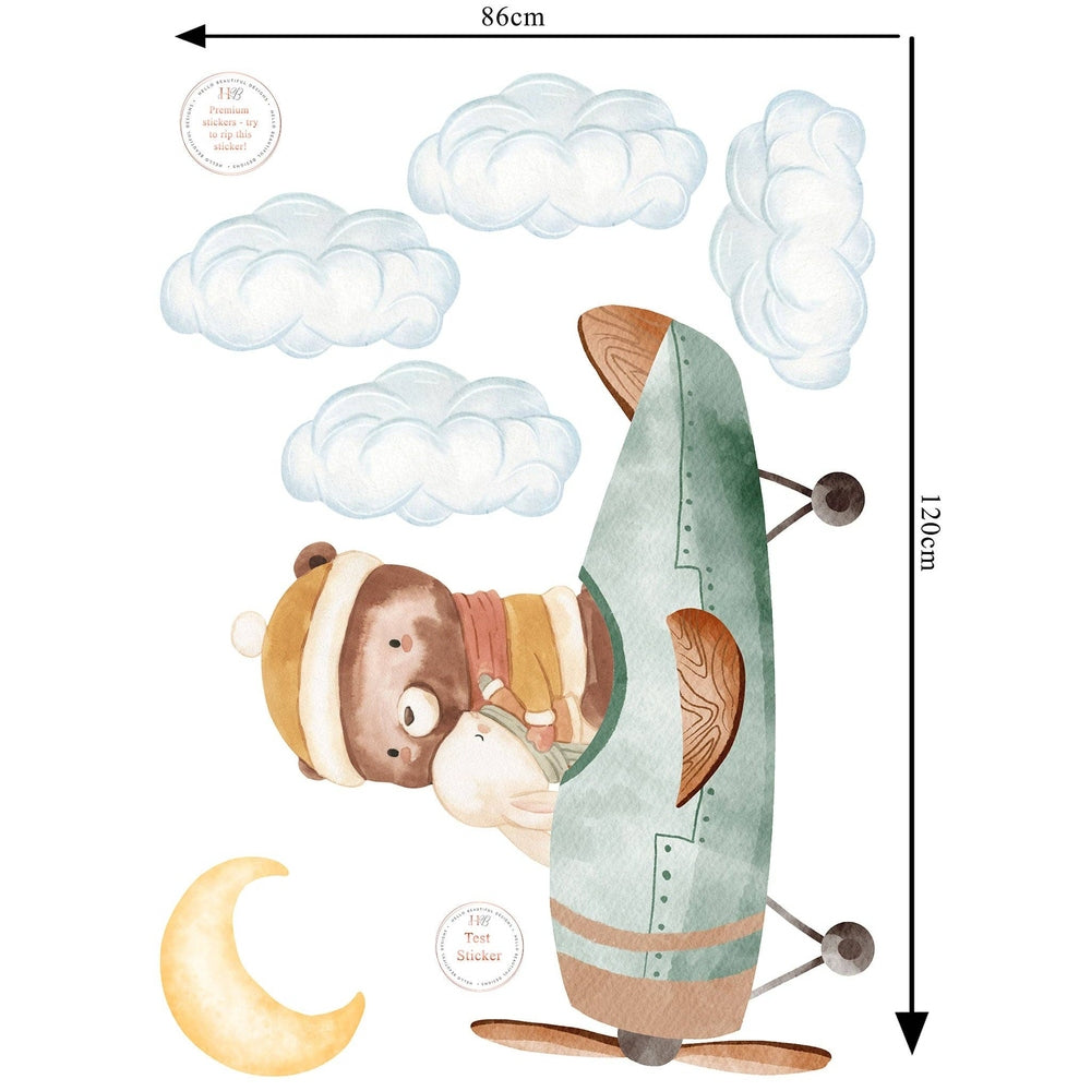 Hello Beautiful Designs Cute Bear And Bunny In Flying Green Plane With Clouds And Moon, Reusable Nursery Wall Stickers