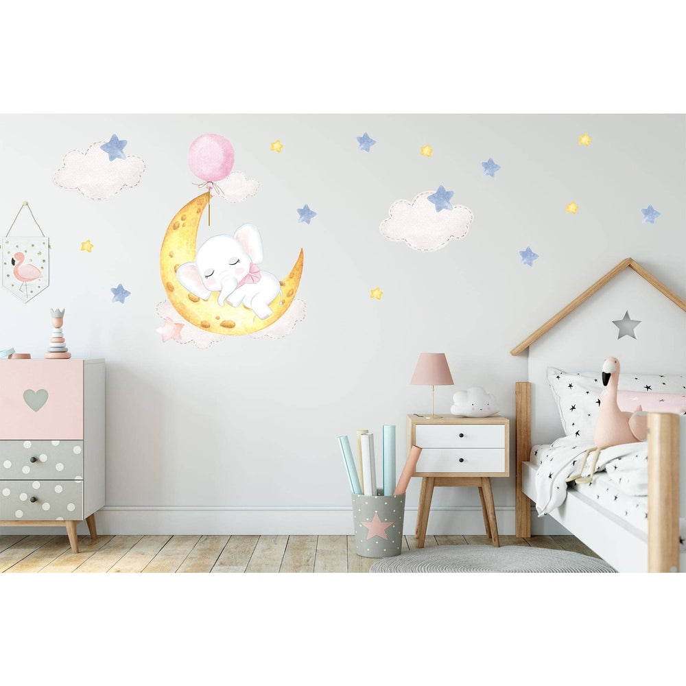 Hello Beautiful Designs Cute Elephant Asleep On Big Moon Reusable Nursery Wall Stickers
