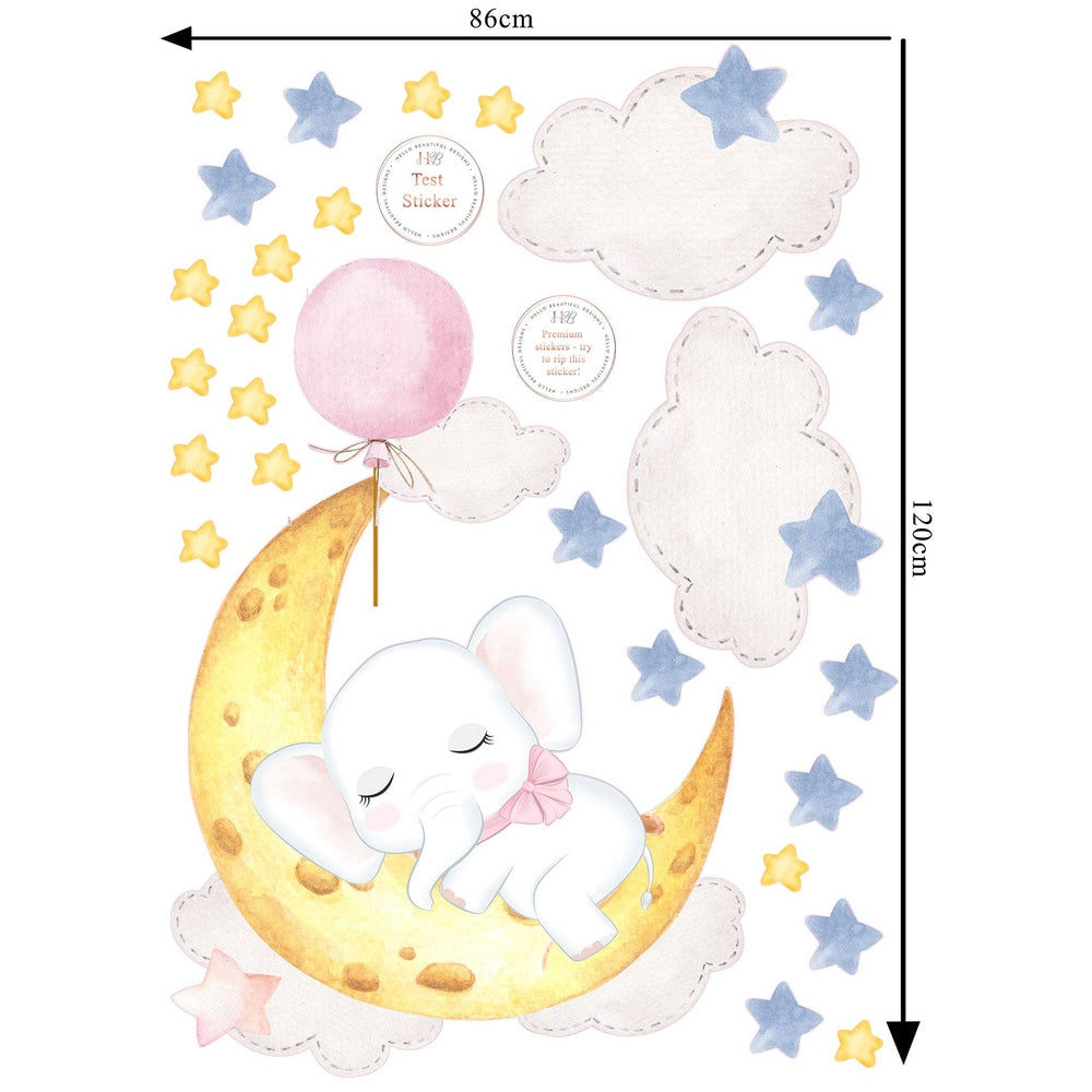 Hello Beautiful Designs Cute Elephant Asleep On Big Moon Reusable Nursery Wall Stickers