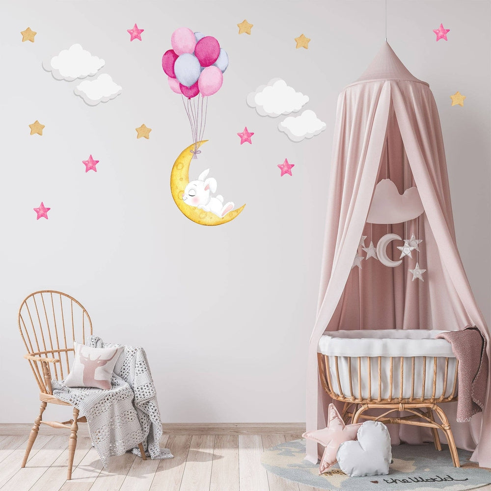 Hello Beautiful Designs Cute Sleeping White Bunny Asleep On Moon Reusable Nursery Wall Stickers