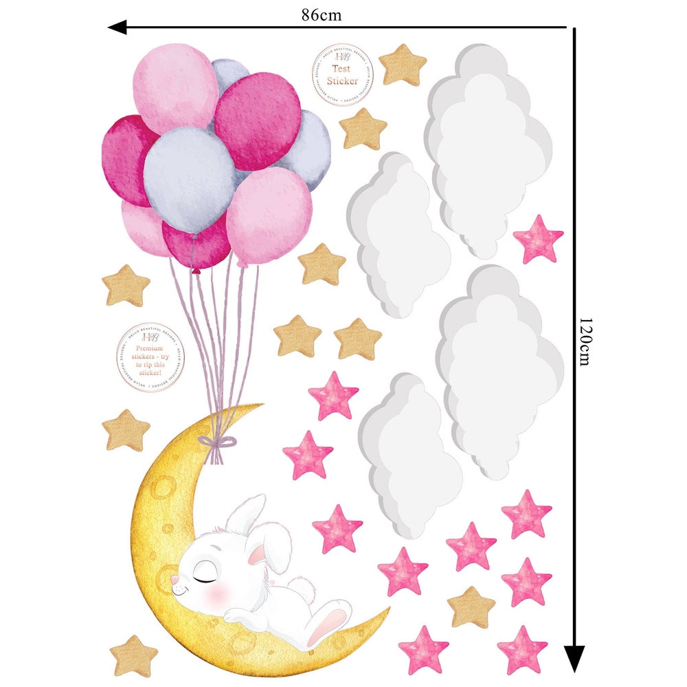 Hello Beautiful Designs nursery wall stickers: sleeping white bunny on a yellow moon with pink balloons, stars and clouds
