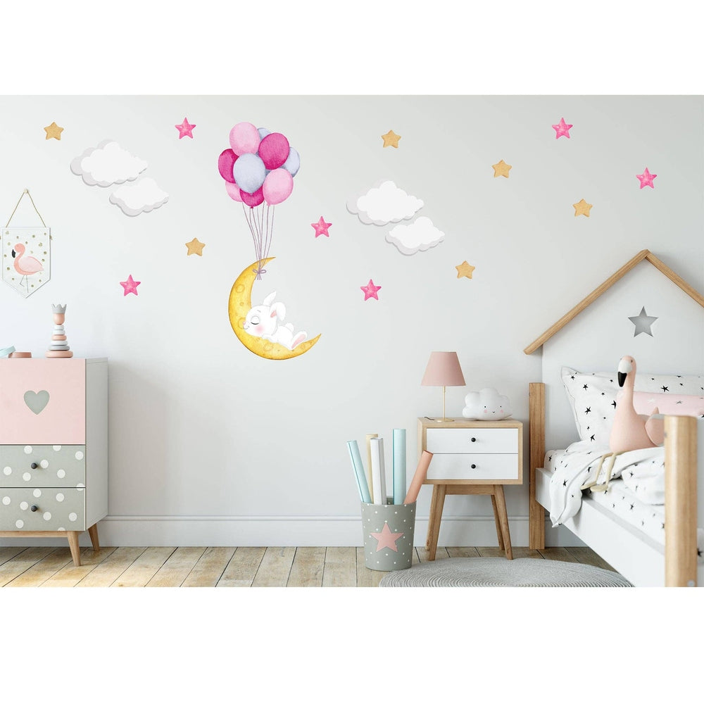 Hello Beautiful Designs nursery wall sticker: sleeping white bunny on a yellow crescent moon with pastel balloons and clouds
