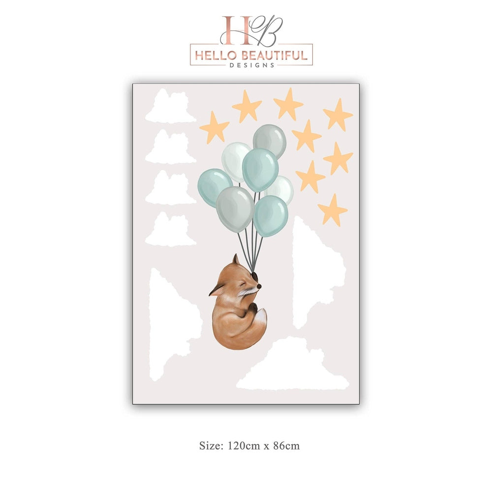 Fox and blue balloon nursery wall art by Hello Beautiful Designs; sleeping fox with pastel blue balloons, clouds and stars.