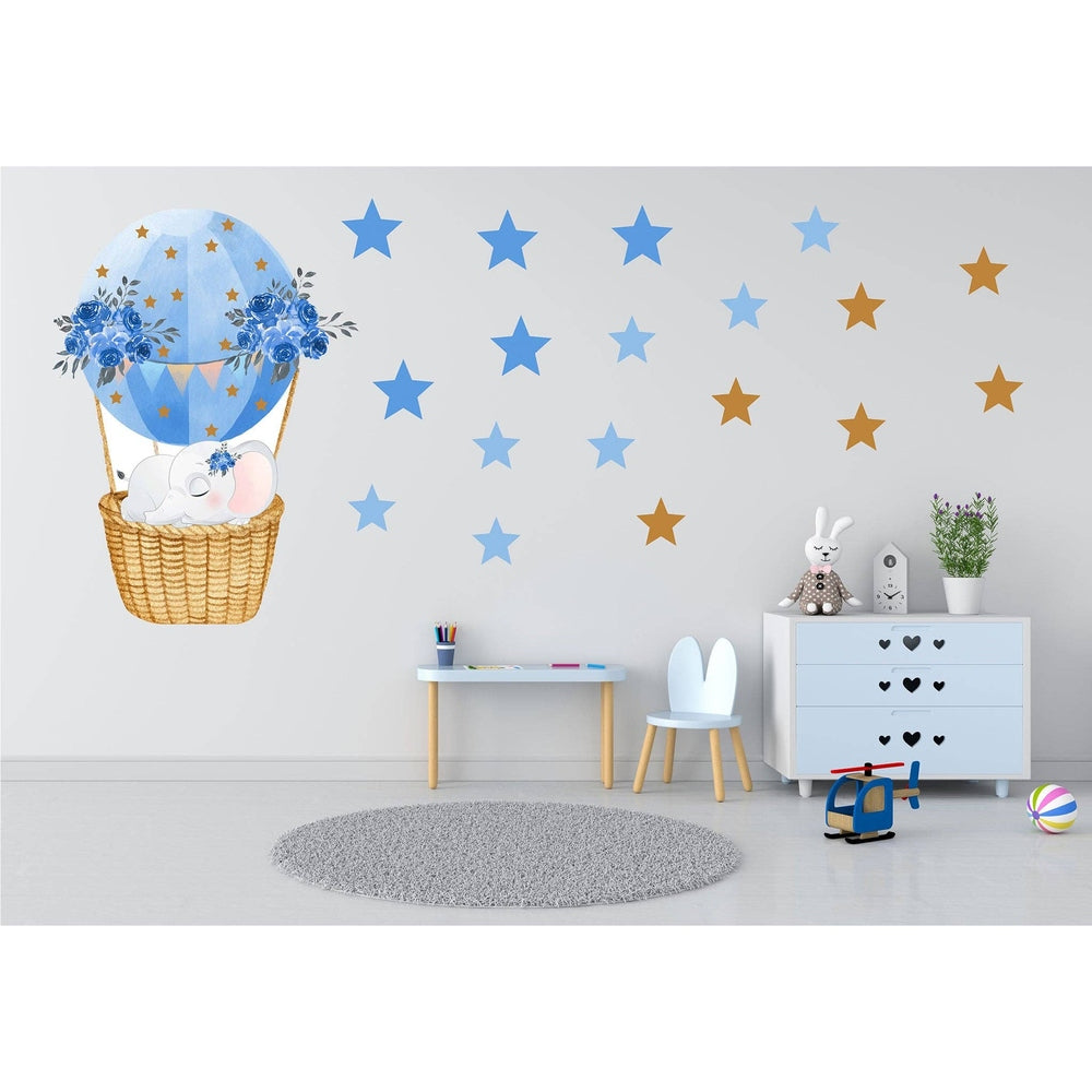 Hello Beautiful Designs Sleeping Elephant On Beautiful Blue Balloon With Individual Stars Reusable Nursery Wall Stickers