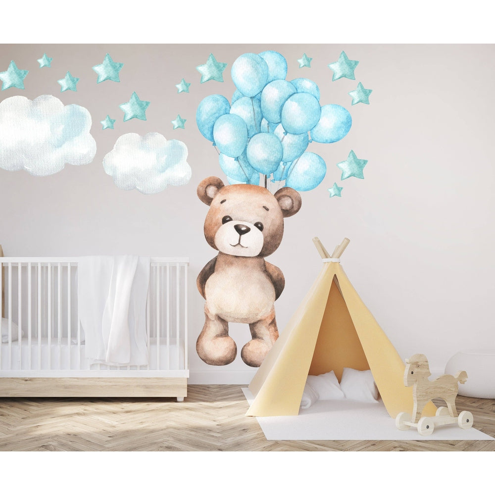 Hello Beautiful Designs Teddy Bear Floating With Balloons, Clouds And Stars, Reusable Nursery Wall Sticker Set