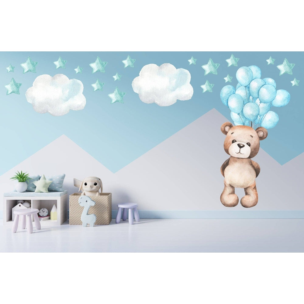 Hello Beautiful Designs Teddy Bear Floating With Balloons, Clouds And Stars, Reusable Nursery Wall Sticker Set