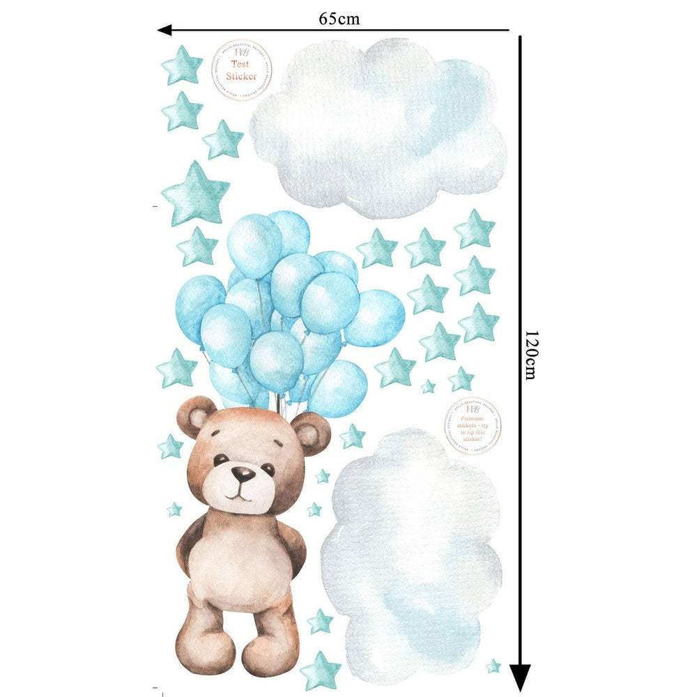 Teddy bear wall sticker set by Hello Beautiful Designs; blue balloons, stars and clouds for nursery decor, reusable