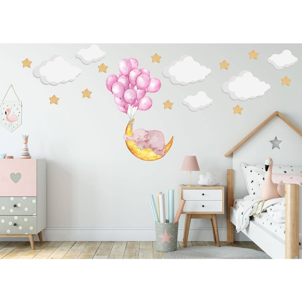 Hello Beautiful extra-large sleeping elephant on moon wall sticker set with pink balloons, clouds and stars for nursery