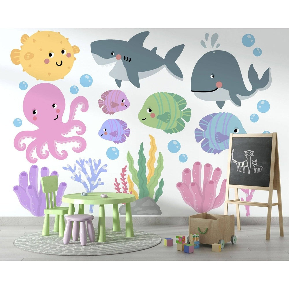 Hello Beautiful Designs ocean creatures nursery wall stickers set with colorful octopus, fish, whale and coral decals; reusable.