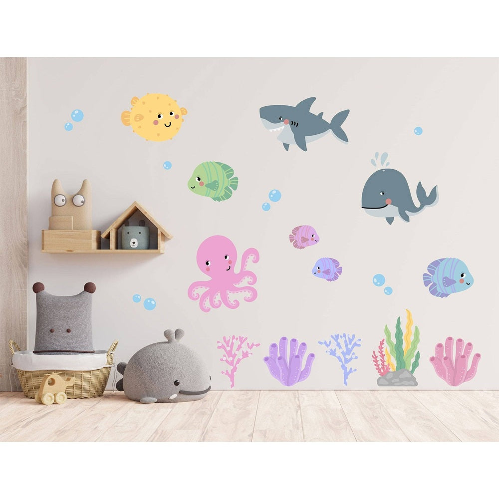 Hello Beautiful Ocean Creatures Nursery Wall Stickers Under The Sea Reusable Nursery Wall Stickers