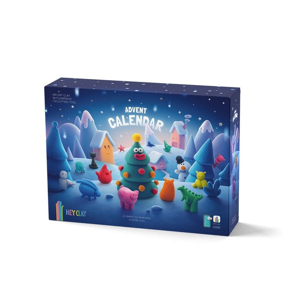 Hey Clay Advent Calendar set with 23 colorful clay figures and 2 extra toys in a blue winter scene