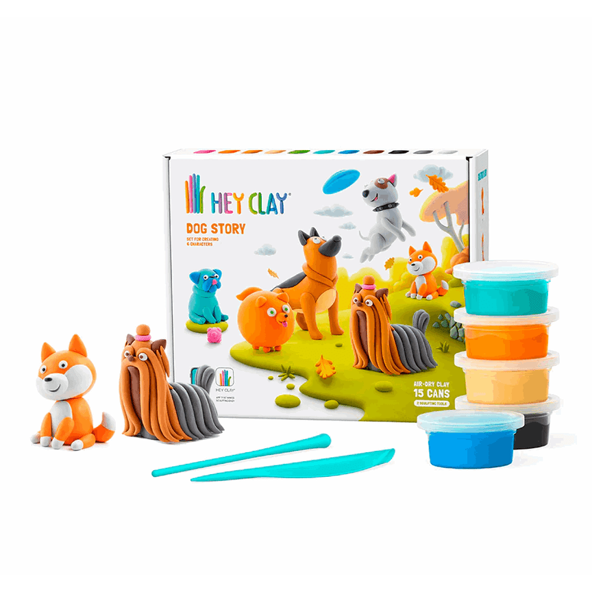 Hey Clay Dog Story play dough set with 15 cans, bright clays and sculpting tools