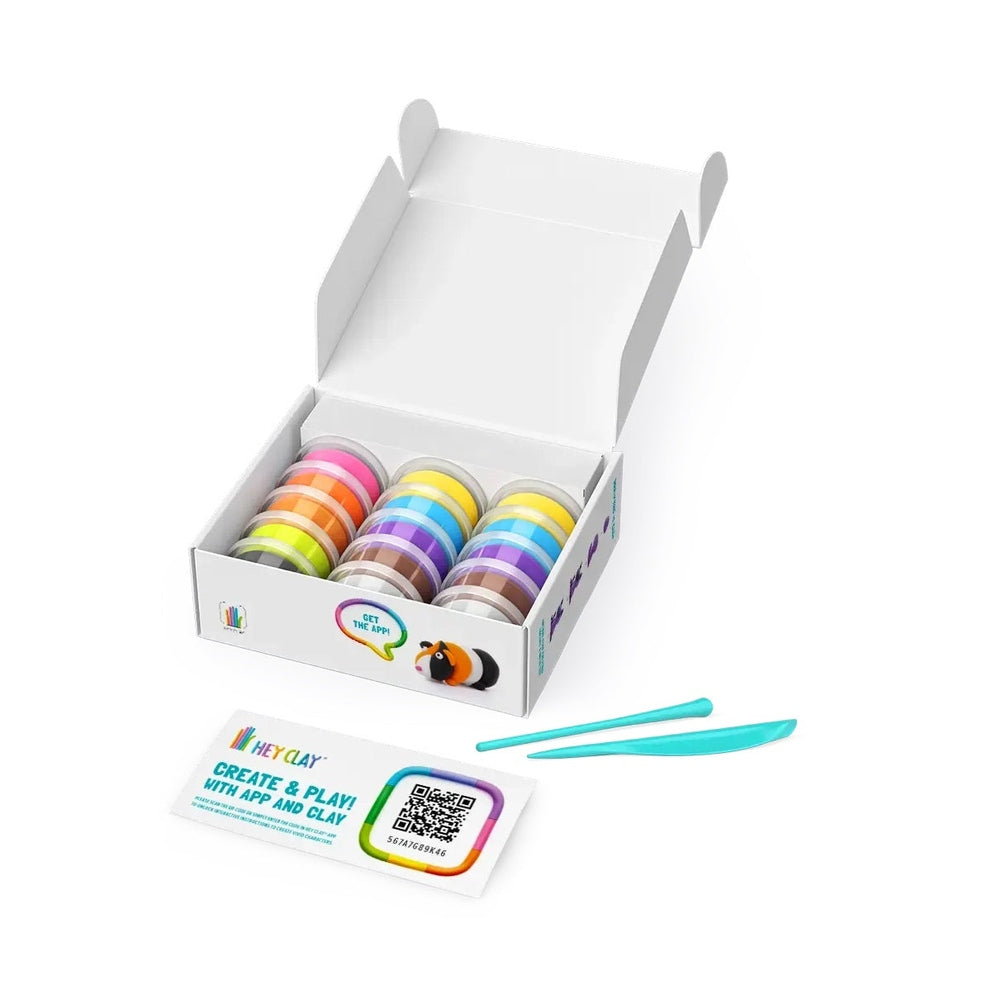 Hey Clay Fluffy Pets clay set with 12 colorful pots, teal sculpting tools, and QR card