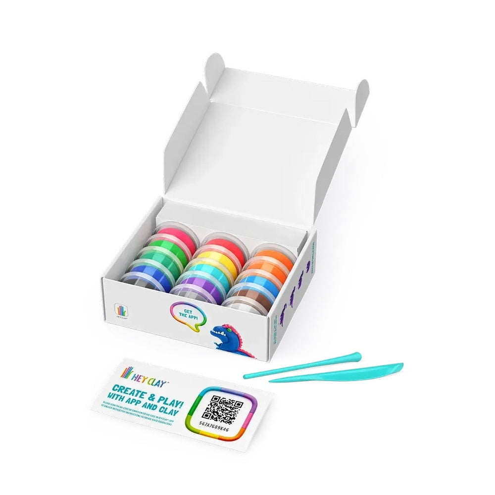 Hey Clay Mega Dinos clay set with 20 colorful dough jars and teal sculpting tools in a white box