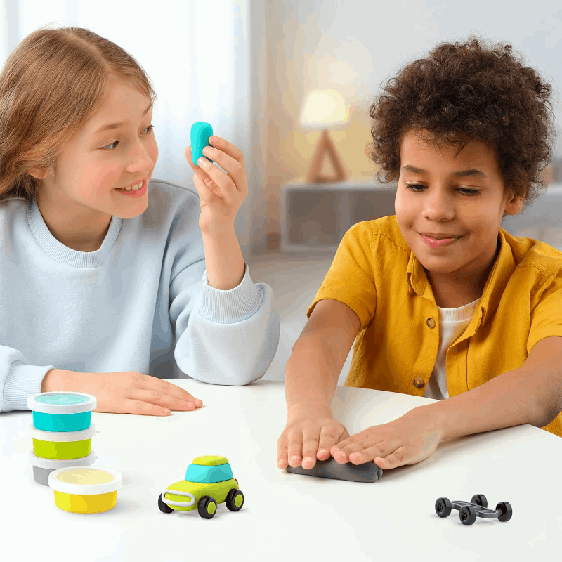 Hey Clay Motors Eco Cars clay set featuring colorful pots and a small toy car on the table; two children playing