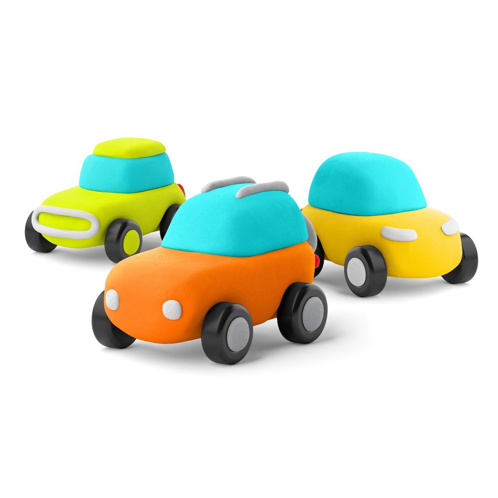 Hey Clay Motors Eco Cars clay play set; three colorful cars in orange, lime, and yellow with blue roofs