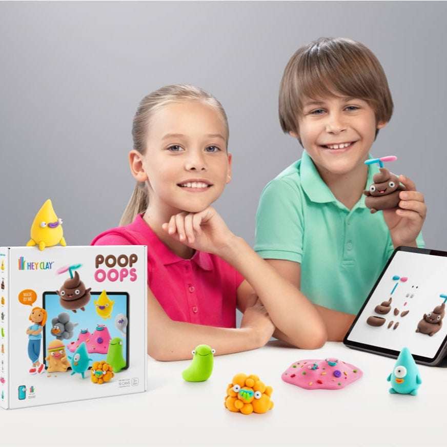 Hey Clay Poop Oops clay set with colorful figures and tablet instruction app