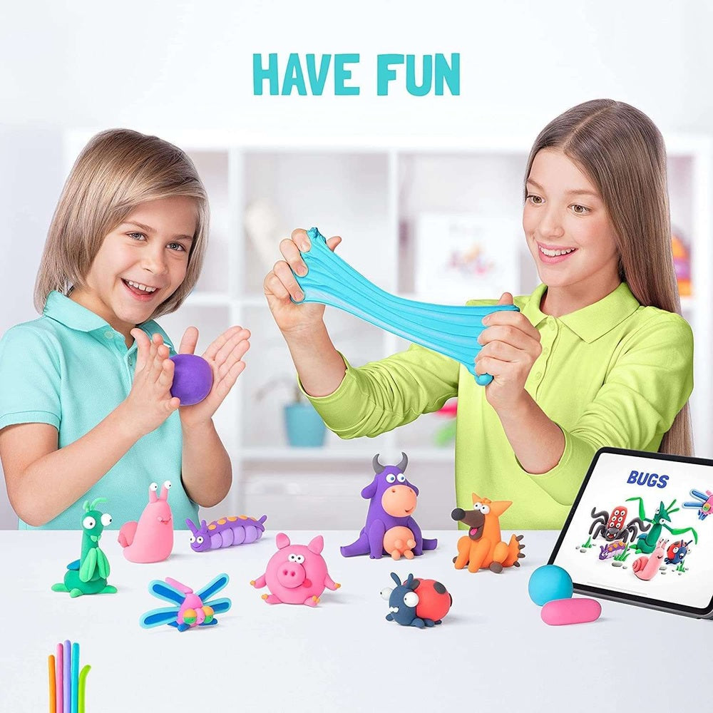 Hey Clay Poop Oops play dough set by HEY CLAY; colorful animal figures and sculpting tools on a white table