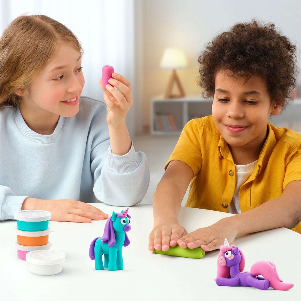 Hey Clay Rainbow Unicorns play dough set; two colorful unicorn figurines in turquoise and pink