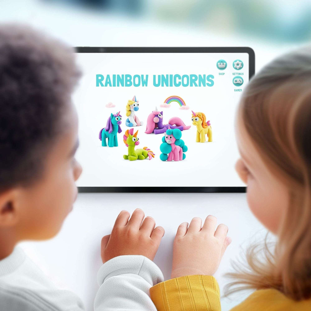 Hey Clay Rainbow Unicorns clay set featuring six colorful unicorn figures and a rainbow