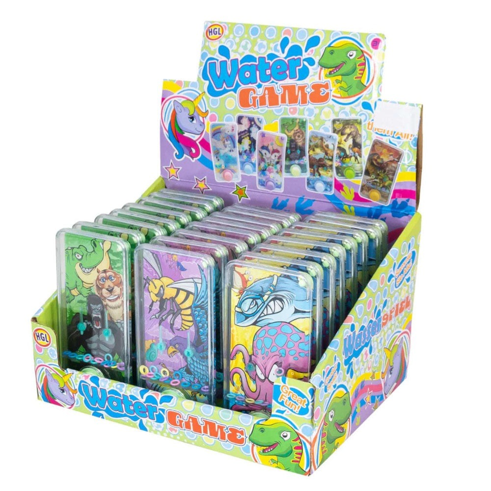 Hgl Animal Water Game display featuring numerous colorful animal bath toy sets in clear cases