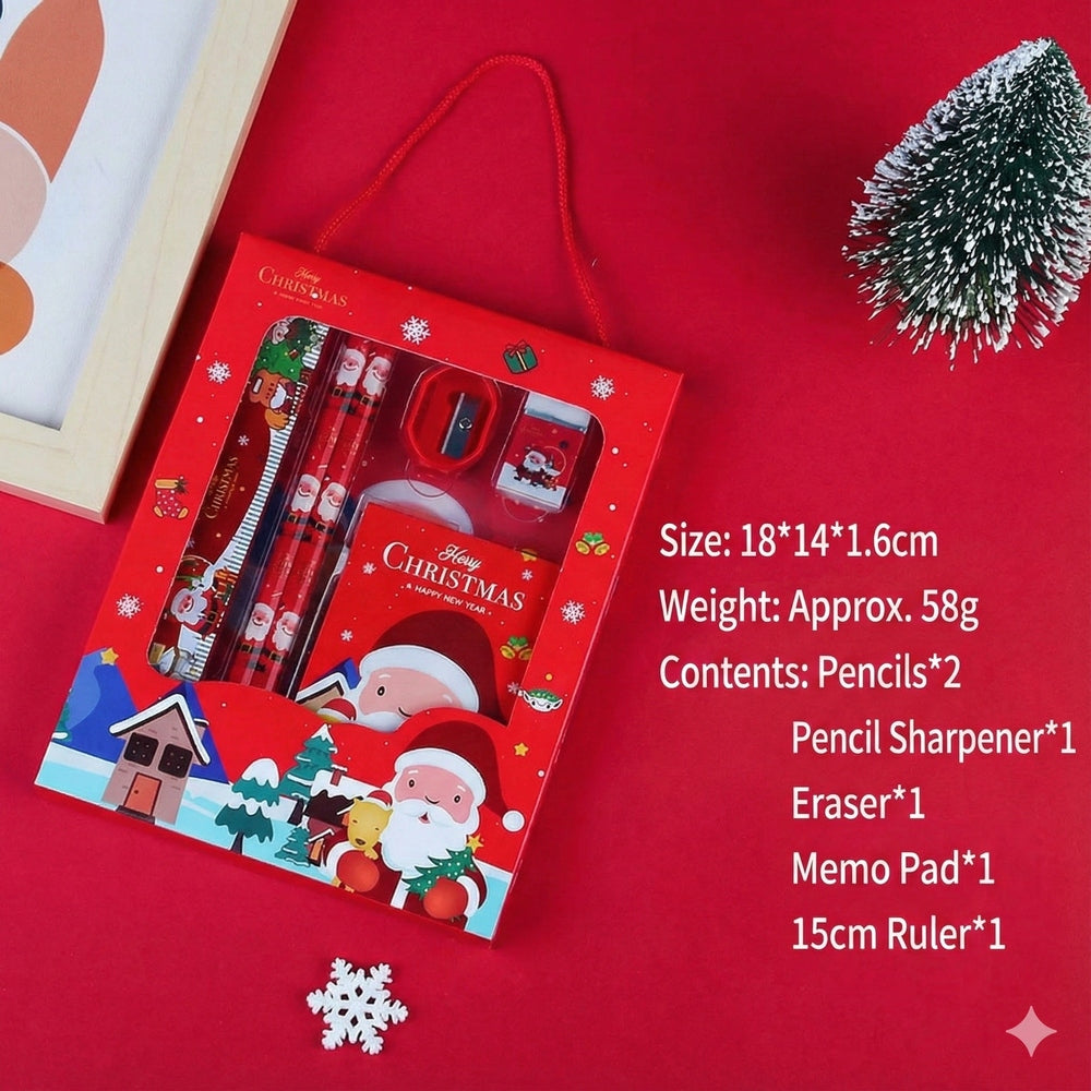 Holiday Joy Kids Stationery Gift Pack by baby enRoute, red festive set with pencils and ruler visible.