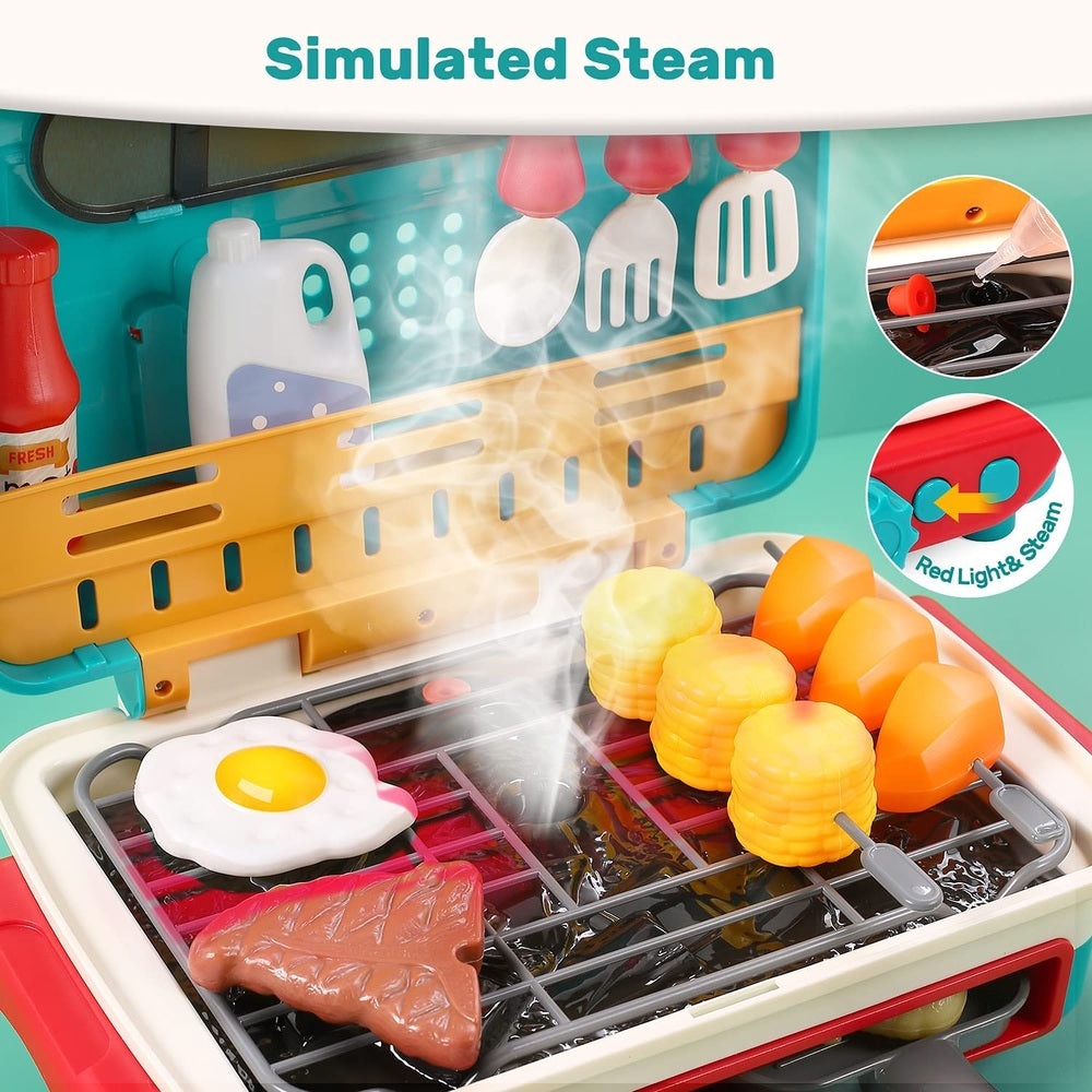 Holy Fun Kids grill playset with toy grill and bright plastic foods including eggs and corn, with simulated steam