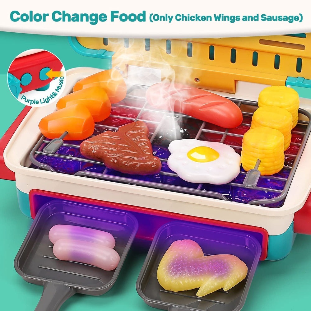 Holy Fun Kids Grill Playset; colorful plastic foods on a grill with corn skewers