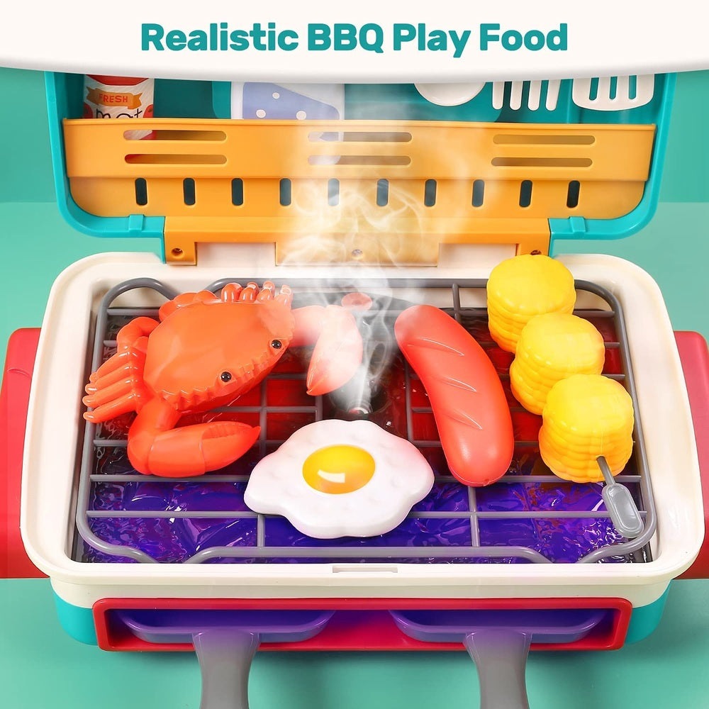 Holy Fun Kids grill playset with a colorful toy grill, lobster, sausage, corn, and egg