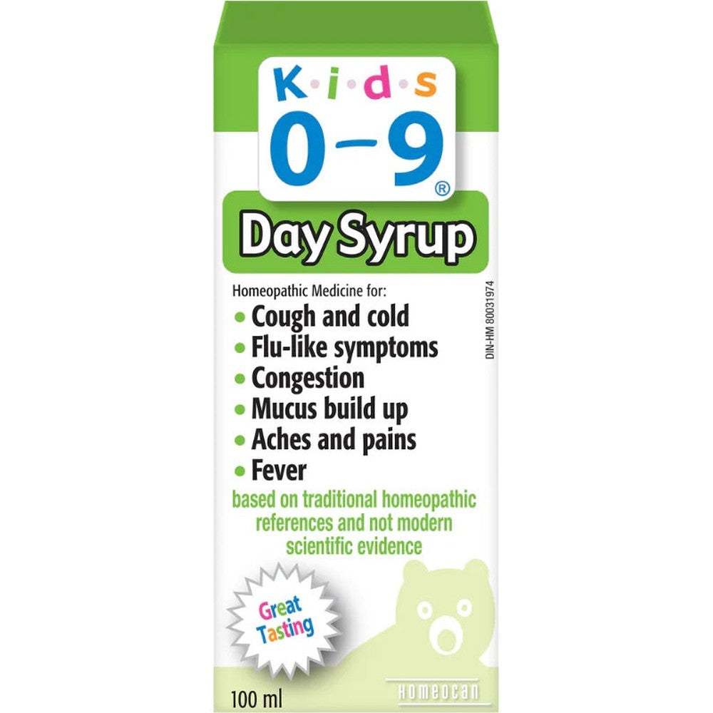 Homeocan Kids 0-9 Day Syrup bottle, green and white packaging, 100 ml